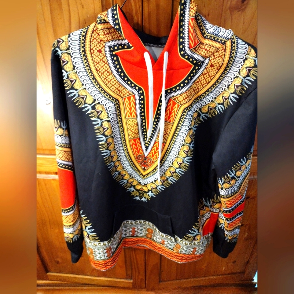 Men's hoodie with drawstrings and front pocket, orange and black, 2XL.